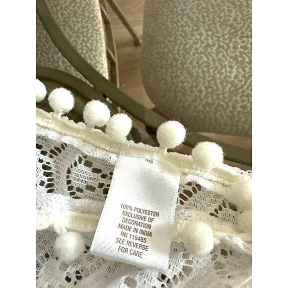 White Crochet Kimono Cover-Up With Pom Pom Trim One Size 100% Polyester Made In - Picture 6 of 7